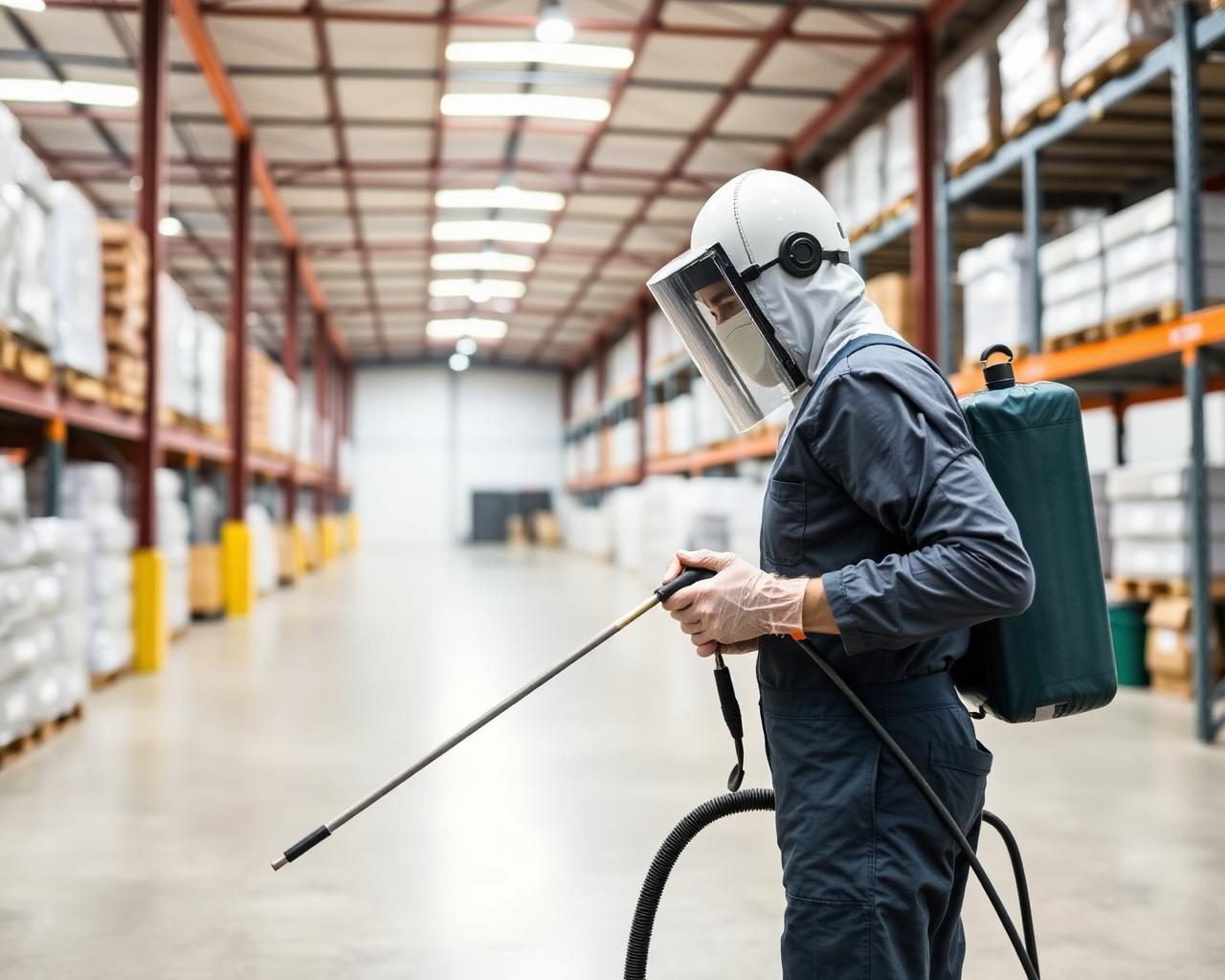 Pest management specialist working in a commercial warehouse